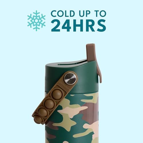 Elemental 100% Leak Proof When Spout is Closed Insulated Kids Water Bottle, Stainless Steel Bottle for School with Straw Lid & Pop-It Handle, Skater Dinos & Green Camo -18oz (2 Pack) - color: Dinos & Green Camo
