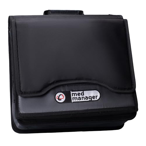 Med Manager Medicine Organizer and Binder, Removable Pouches, Detachable 5-Tab Expanding File Folder, Holds (15) Pill Bottles - (11) Standard Size and (4) Large Bottles, Black, 13 x 13 x 4.5 inches - color: Black