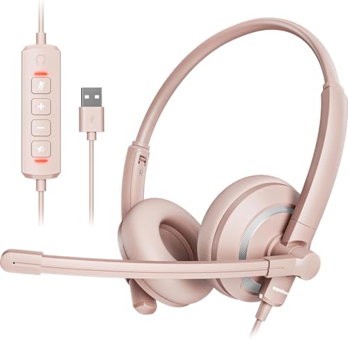 awatrue USB Headset with Microphone for PC - Lightweight & Comfortable Pink Computer Headset for Office, Call Center, Remote Work - Includes Carry Pouch (Clear Audio) - color: light pink, style: USB-A