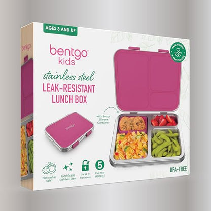 Bentgo Kids Stainless Steel Leak-Resistant Lunch Box - 3-Compartments with Bonus Silicone Container, Durable, Eco-Friendly, Dishwasher Safe, BPA-Free, Ideal for School, Ages 3+ (Fuchsia) - color: Fuchsia