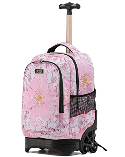 NEW TILAMI 18-Inch 6-Wheel Rolling Backpack for Kids, Pink Floral | Multiple Compartments For Books, Folders, Pencils, Lunch Box, Water Bottle And Accessories, With Adjustable Trolley Handle - color: Pink Flowers