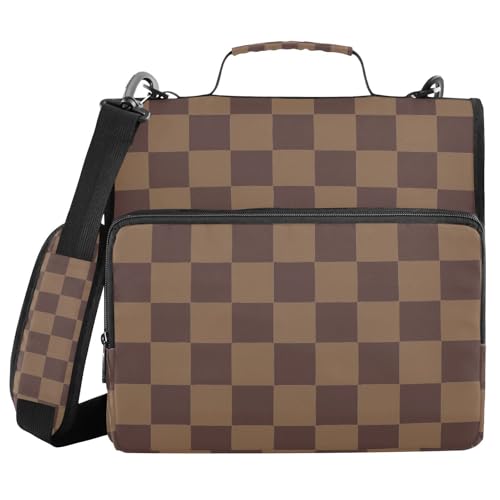 3 Ring Zipper Binder with Shoulder Strap Brown Checkerboard B 1.5 inch Binders Keeper Large Capacity Multi Pockets for School Office Supplies - color: Multi2341, size: Fit 500 Sheets