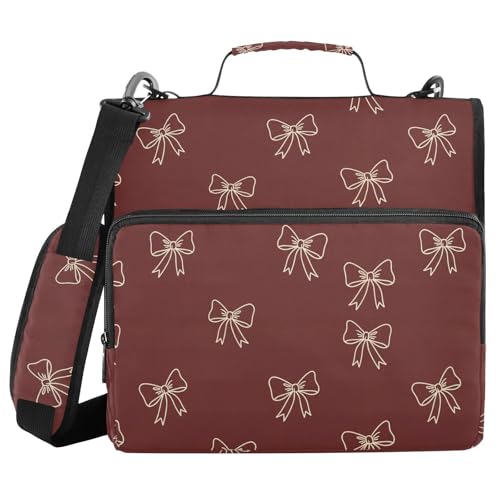 Gredecor 3 Ring Zipper Binder with Shoulder Strap, Burgundy Maroon Bows Multi-Pockets Organizer Binder Bag Holds 500 Sheets for School and Office - color: Burgundy Maroon Bows
