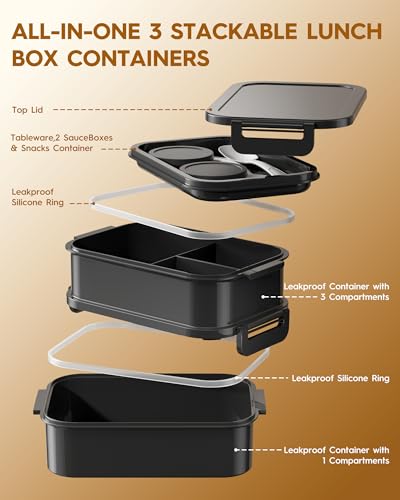 KEMETHY Adults Bento Lunch Box Set with Thermo Bag, 74oz Stackable Leak-proof 3-tiers Bento Box, Built-in Utensil and Sauce Container for Work, School, Dining Out (Black) - color: Elegant Black