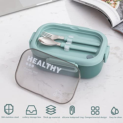 Lille Home 28oz Stainless Steel Leakproof 2-Compartment Bento Lunch Box/Portion Control Food Container with Lunch Bag and Cutlery Set, BPA Free - color: Green