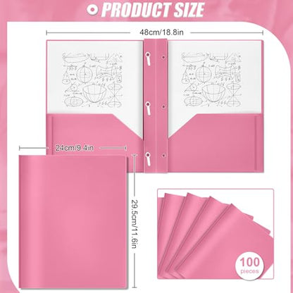 Lincia 100 Pcs Plastic Folders with Pockets and Prong Folders with Prongs 2 Pockets for Office, School for Students, Teachers, Office Workers(Pink) - color: Pink
