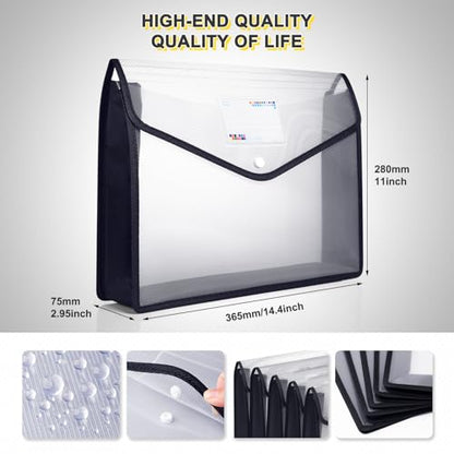 Plastic File Folders, Waterproof Transparent Expandable File Organiser, Portable Large Capacity A4B4 File Wallet for Office/Business/School (5 Pack) - color: Black&clear-5 Pack