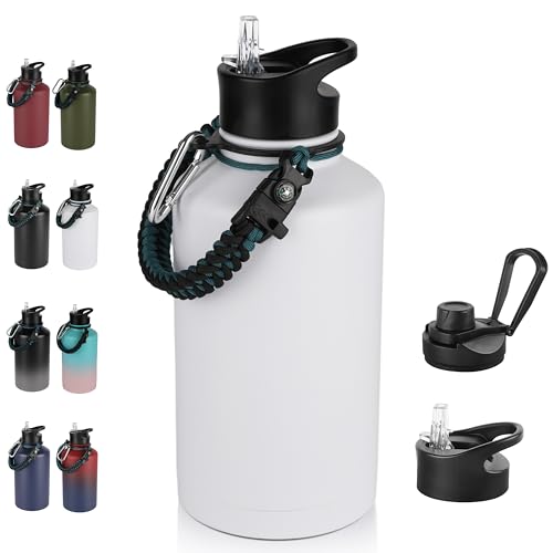 64 oz Insulated Water Bottle with Straw & Spout Lids, Stainless Steel Metal Half Gallon Water Jug with Paracord Handle, Double Wall Vacuum, Leakproof, Keep Drinks Cold & Hot, White - color: White, size: 64 Ounces