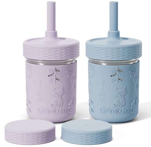 Fimibuke Toddler Cups Spill Proof, 8 OZ Sippy Cups for Kids Girl Boy, Stainless Steel Tumbler with Lid, Removable Silicone Straw & Sleeve, BPA Free Dishwasher Safe Water Bottle Snack Container 2 Pack - color: Purple/Blue, size: 8 Ounces