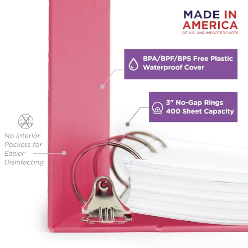 Carstens 3-Inch Heavy Duty 3-Ring Binder - Side Opening, Bubblegum Pink, Durable Plastic, Precision No-Gap Rings, Waterproof Cover, No Pockets, Holds 400 Letter Sheets, BPA-Free, Made in USA (1708-3R) - color: Pink, size: Case of 14