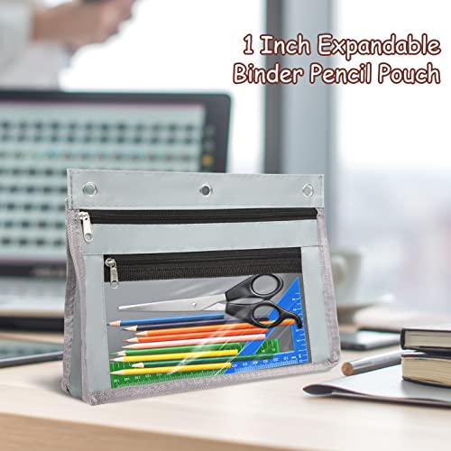 YoeeJob 1 Pack Pencil Pouch for 3 Ring Binder, Expandable Binder Pouches with Zipper, Large Capacity Pen Holder Case with Clear Window School Class Office Organizers, Grey - color: Grey