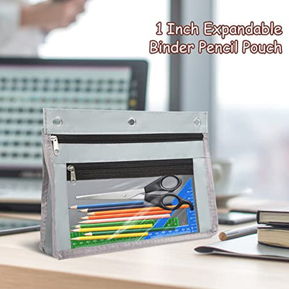 YoeeJob 1 Pack Pencil Pouch for 3 Ring Binder, Expandable Binder Pouches with Zipper, Large Capacity Pen Holder Case with Clear Window School Class Office Organizers, Grey - color: Grey