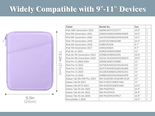 TiMOVO 9-11" Tablet Sleeve Bag for iPad 11-inch A16 2025, iPad 10.9"/10.2"| Air 11 Inch/5th/4th Gen. 10.9", Galaxy Tab A9+/A11Plus 11", Protective Bag with Pocket, Purple - color: Purple, size: 9-11 Inch