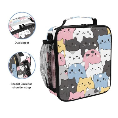 Cats Cute Animal Lunch Box Insulated Lunch Bag Girls Lunch Cooler Bag Tote Freezable Shoulder Strap Lunchbox Thermal Meal Tote Kit for Girls School Picnic - color: Multi51