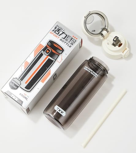 TKK Sports Water Bottle with Straw & Build-in Carrying Handle, Spill-Proof 2-in 1 Lid, 20 oz Plastic Bottles, Dishwasher Safe, Leak-Proof Locking Lid for Kids, Outdoor, School Backpack, White - color: White