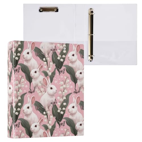 Pink Butterfly Flowers Cute Rabbit Binder 3 Ring 1.5 Inch Binder with Clipboard&Pockets, Hardcover Binders Heavy Duty Large File Folder for Office School Supplies - Holds 200 Sheets - color: Light Pink Butterfly Flower Rabbit, size: 1 Pack-12.4x10.63in