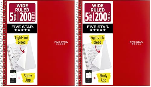 Five Star Spiral Notebook + Study App, 5 Subject, Wide Ruled Paper, Fights Ink Bleed, Water Resistant Cover, 8" x 10-1/2", 200 Sheets, Fire Red (72041) (Pack of 2) - color: Fire Red, size: 8" x 10.5" (Pack of 2)