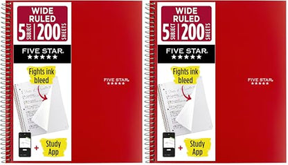 Five Star Spiral Notebook + Study App, 5 Subject, Wide Ruled Paper, Fights Ink Bleed, Water Resistant Cover, 8" x 10-1/2", 200 Sheets, Fire Red (72041) (Pack of 2) - color: Fire Red, size: 8" x 10.5" (Pack of 2)