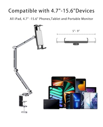 iPad Mount for Desk Aluminum Alloy Tablet Stand Foldable Overhead Arm Holder Mount Fits for 4.7-15.6" Screen Phone,Kindle,Fire HD,Monitor,iPad,Galaxy Tab Series (Gray) - color: Gray