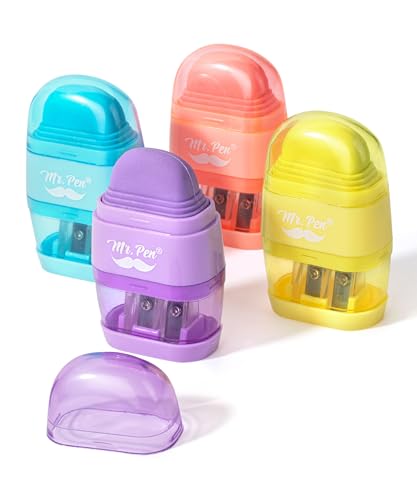 Mr. Pen- Pencil Sharpener & Eraser, 4 Pack | 2-in-1 Manual Sharpeners with Canister, 2 Sharpening Holes for Standard & Jumbo Pencils, Colorful Dual Hole Design for School - color: Macaron Colors, size: 4 Pack