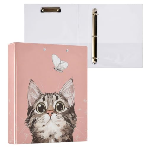 Fustylead Lovely Cat and Butterfly Light Pink 3 Ring Binder, D-Rings 1.5" Hardcover Folder, Fits 200 Sheets of A4 Paper, Durable Clipboard & Clean View with Inside Pockets for School Home Office - size: 12.4x10.63x2.36 Inch-2 Pack