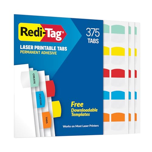 Redi-Tag Laser Printable Tabs, Permanent Index Tabs, Customizable Adhesive Labels, 5 Assorted Colors: Yellow, Red, Blue, Green, Orange, 1.125" x 1.25", 375 Per Pack (B39020) - size: 375 labels