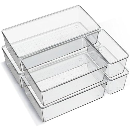 6 Pack Large Clear Plastic Drawer Organizer Trays, Acrylic Kitchen Drawer Organization and Storage Dividers, Non-Slip Storage Bins for Makeup, Kitchen Utensils, Bathroom, Jewelries and Office Desk - size: 6 Pack