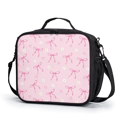 Pink Bow Lunch Box for Girls Kawaii Flowers Love Hearts Lunch Bag with Shoulder Strap for Kids Teens Durable Large Capacity Insulated Lunchbox Thermal Meal Bag for School Picnic - color: A-Bow Pink