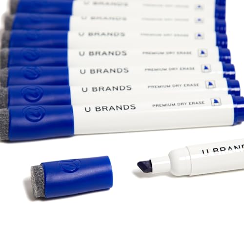 U Brands Fine Tip Dry Erase Markers with Eraser, Whiteboard Markers with Chisel tip, Low Odor, Blue, Set of 12