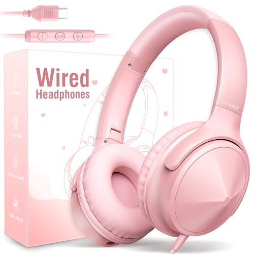 USB C Over Ear Headphones Wired with Mic, Type C Wired Headphones with Volume Control, HD Stereo Sound, Foldable & Lightweight Headphone for Adult/Teens/Girls School for iPhone 15/16/17,Pink - color: Coral Pink
