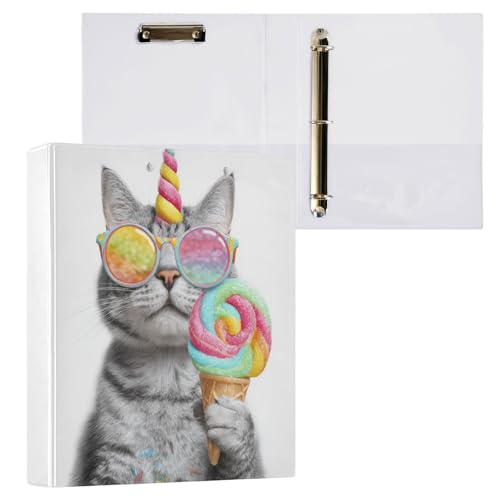 Funny Colorful Cat Binder 3 Ring 1.5 Inch Binder with Clipboard&Pockets, Hardcover Binders Heavy Duty Large File Folder for Office School Supplies - Holds 200 Sheets - color: Funny Unicorn Cat With Lollipop, size: 1 Pack-12.4x10.63in