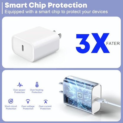 아이폰 17/16/15 충전기용 고속 충전기, 3m(10피트) 엑스트라 롱 고속 충전 3팩 블록 USB-C to USB C 고속 충전 케이블 코드 아이폰 에어/17 프로 맥스/아이폰 16 프로/16 플러스/15 프로 맥스, 아이패드 프로/에어/미니용 - color: 화이트., size: 20W