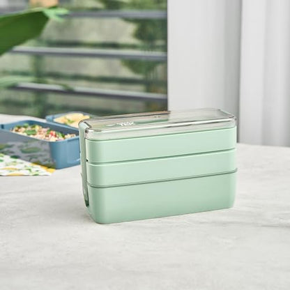 Bento Tek 30 Ounce Bento Box, 1 Stackable 3 Compartment Lunch Container - With Fork And Knife, Does Not Contain BPA, Green Plastic Reusable Lunch Box, Microwavable, Dishwashable - Restaurantware - size: 1 Count, style: 30 oz - Green