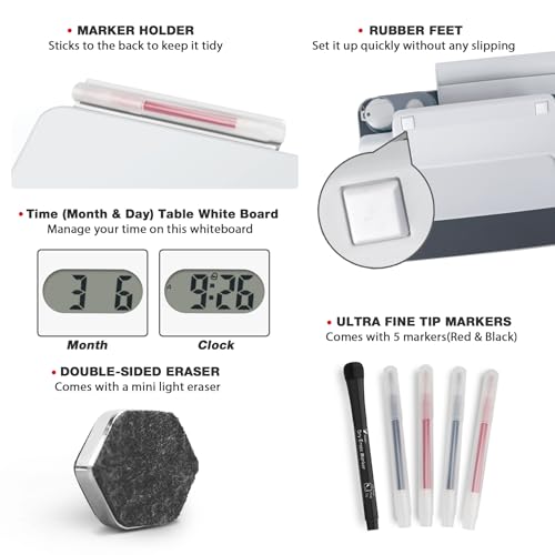 Small Glass Desk Whiteboard Dry-Erase Board with Clock, Small Travel Clock Keychain with Desk Notepad, Time Table Whiteboard for Desk Digital LED Light Display, 8x6 in with Accessories, White - color: White With Clock