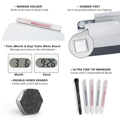 Small Glass Desk Whiteboard Dry-Erase Board with Clock, Small Travel Clock Keychain with Desk Notepad, Time Table Whiteboard for Desk Digital LED Light Display, 8x6 in with Accessories, White - color: White With Clock