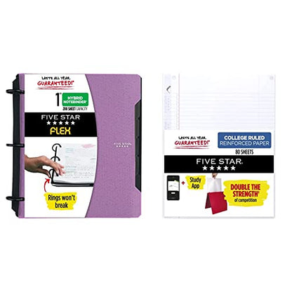 Five Star Flex Hybrid NoteBinder, 1” Binder with Tabs, Notebook and 3-Ring Binder All-in-One, Purple and Five Star Loose Leaf Reinforced Filler Paper, 3 Hole Punched, College Ruled, 80 Sheets