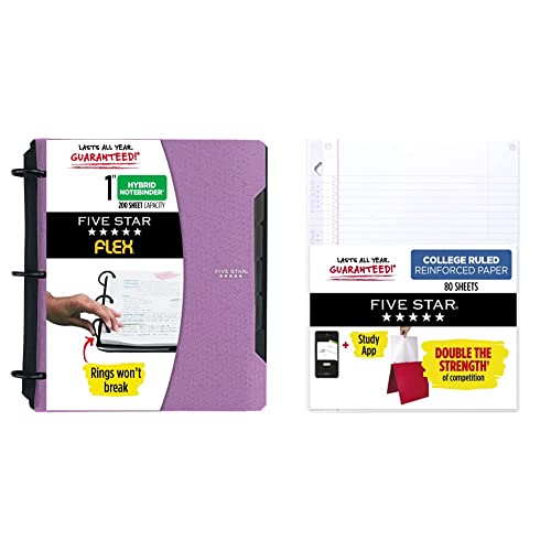 Five Star Flex Hybrid NoteBinder, 1” Binder with Tabs, Notebook and 3-Ring Binder All-in-One, Purple and Five Star Loose Leaf Reinforced Filler Paper, 3 Hole Punched, College Ruled, 80 Sheets