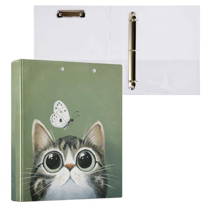 Fustylead Lovel Cat and Butterfly Sage Green 3 Ring Binder, D-Rings 1.5" Hardcover Folder, Fits 200 Sheets of A4 Paper, Durable Clipboard & Clean View with Inside Pockets for School Home Office - size: 12.4x10.63x2.36 Inch-1 Pack