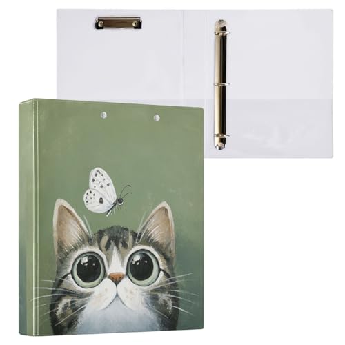 Fustylead Lovel Cat and Butterfly Sage Green 3 Ring Binder, D-Rings 1.5" Hardcover Folder, Fits 200 Sheets of A4 Paper, Durable Clipboard & Clean View with Inside Pockets for School Home Office - size: 12.4x10.63x2.36 Inch-1 Pack