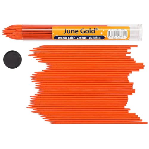 June Gold 36 Orange (Carrot #102) Colored 2.0 mm Lead Refills, 90 mm Length | Bold Thickness for Heavy Use, Break / Smudge Resistant, Travel Carrying Tube, Pre-Sharpened - color: Orange (Carrot #102)