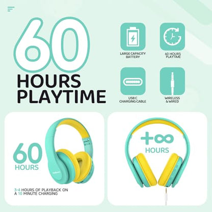 JoySpark Kids Bluetooth Headphones, Lightweight Wireless Headphones for Kids, 85/94dB Volume Limited, 60 Hours Playtime, Bluetooth 5.3, Over-Ear Toddler Headsets with Built-in Mic-Green - color: Green