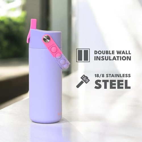 Elemental Insulated Kids Water Bottle, Stainless Steel Water Bottle with Straw Lid & Pop-It Handle, Leak-Proof Water Bottles for School, Boys or Girls, Travelling and Sports, 18oz - Lilac Tie Dye - color: Lilac Tie Dye