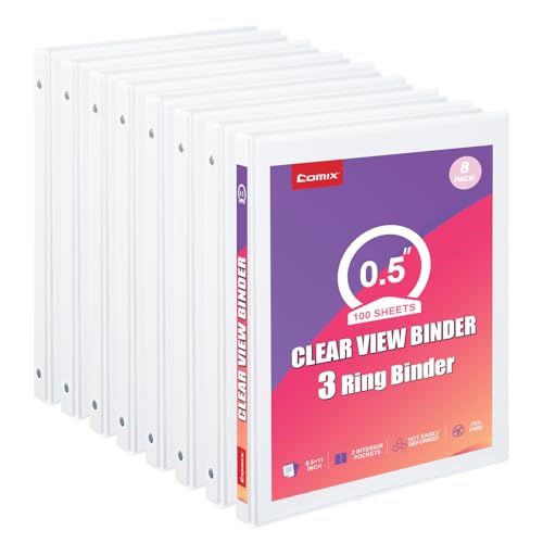 Comix Durable 0.5 Inch 3 Ring Binder, Round View Binder for Office or School, Fits 100 Sheets of 8.5x11 Paper, PVC-Free & Foldable Spine, Made in North American, 8 Pack (White) - color: White, size: 1/2 inch, style: 8 Pack
