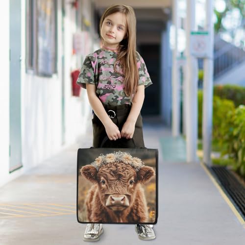 Kigai Flower Highland Cow Zipper Binder with Shoulder Strap 1.5 inch 3 Ring D Ring Multiple Pockets Expanding File Folder 13 Inch Laptop Organizer School & Office Supplies