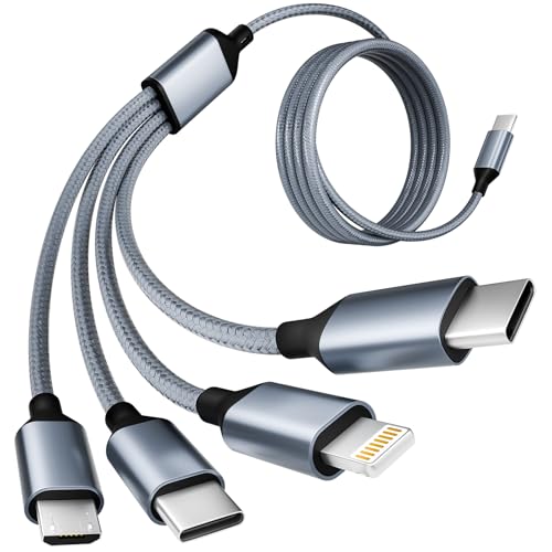 USB C Multi Charging Cable [1Pack 5FT], 4 in 1 Charging Cable Nylon Braided USB-C Multiple Charger Cord with Micro USB,IP Port and 2 Type C Adapter Port for iP 16/15 Series/Cell Phones and More - color: Greyishwhite, size: 1Pack5FT