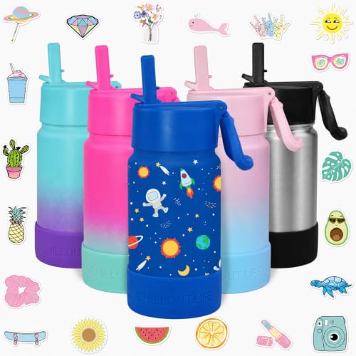 CHILLOUT LIFE 12oz Kids Insulated Stainless Steel Water Bottle with Leak Proof Straw Lid & 144 Stickers - color: Blue Space, style: 12 oz