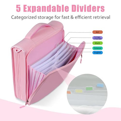 2 Inch 3 Ring Zipper Binder with 500 Sheet Capacity, 6 Tab Expanding File Folder, Multi-Pocket Design, Shoulder Strap and Handle for Middle School and Office (Pink) - color: Pink