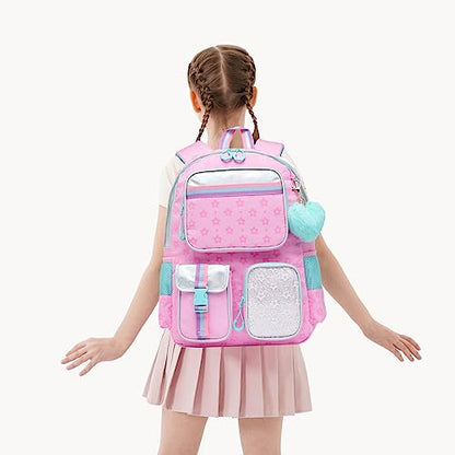 Meetbelify Pink Backpack with Wheels for Kids - Cute Carry On with Lunch Box & Pencil Case for Elementary Students - Travel Suitcase for Girls 8-10 - color: Star Pink