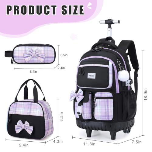 Bevalsa Rolling Backpack for Girls, Roller Backpack with Wheels, Cute Bow Wheeled School Bookbag Set with Lunch Bag & Pen Case, Suitcases for Kids Teens Elementary Middle Student (Black Purple) - color: Black Purple