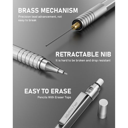 Nicpro 0.9 mm Metal Mechanical Pencil Set with Case | 3PCS MP1000 0.9mm Drafting Pencil, 480PCS HB Lead Refills, 3PCS Eraser&Refills for Artist Writing, Drawing, Sketching, Silver - color: Silver, style: 0.9 MM